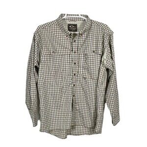 Drake Men's XL Tan & White Checkered Long Sleeve Vented Button Shirt